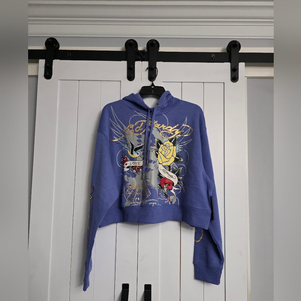 Ed Hardy Brave Eagle Cropped Hoodie - Blue. NEW!